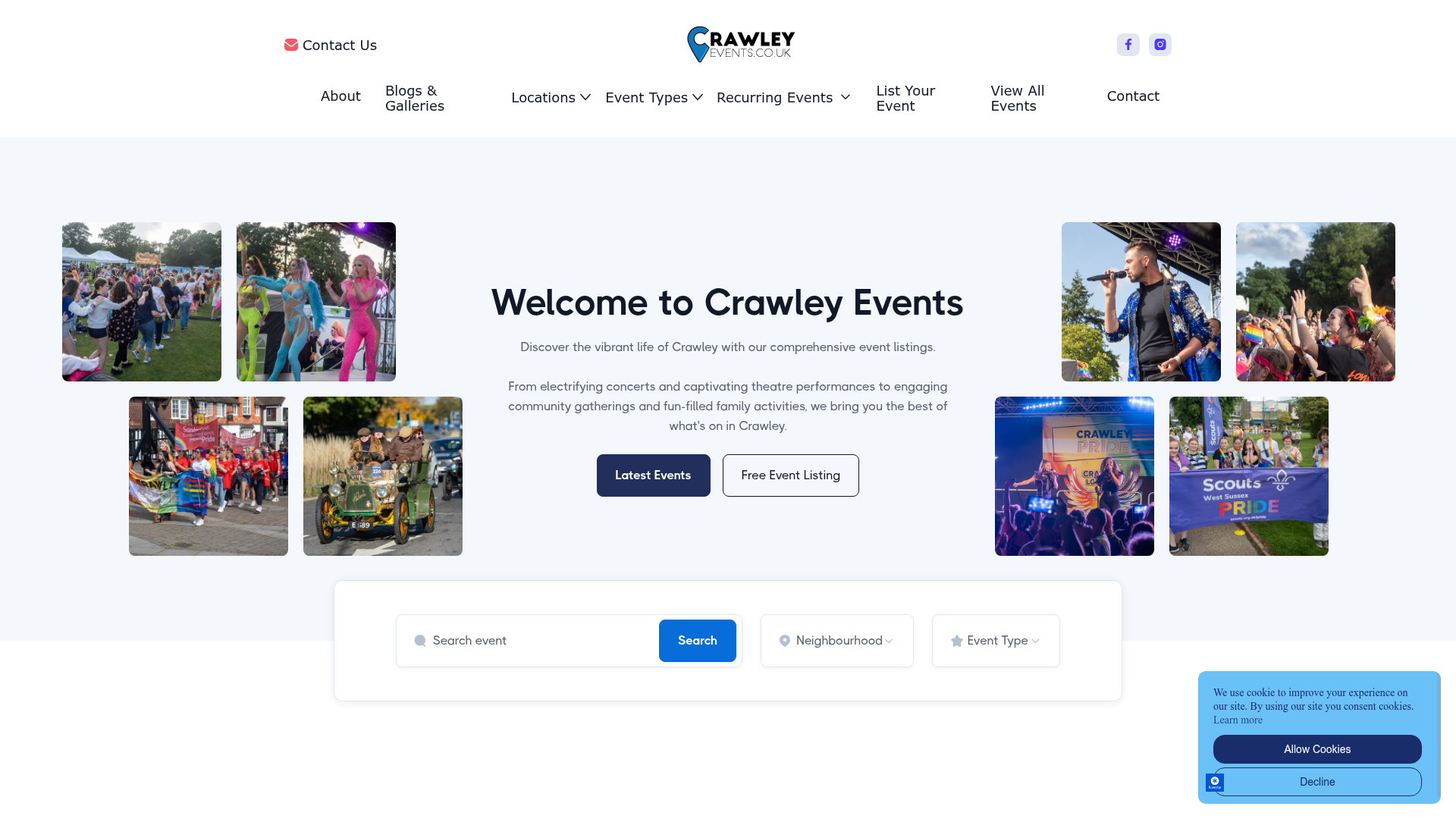 Screenshot of the Crawley Events website